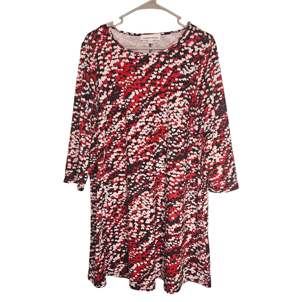 Celebrate Together Heart‎ Print 3/4 Sleeve Valentine's A Line Midi Dress Size L